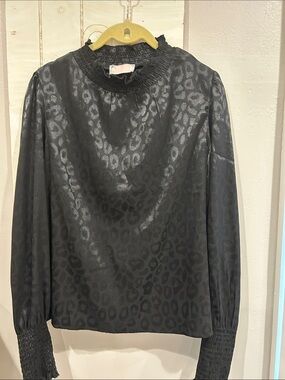 Black Leopard-Jacquard Satin Blouse with Smocked Neckline and sleeves